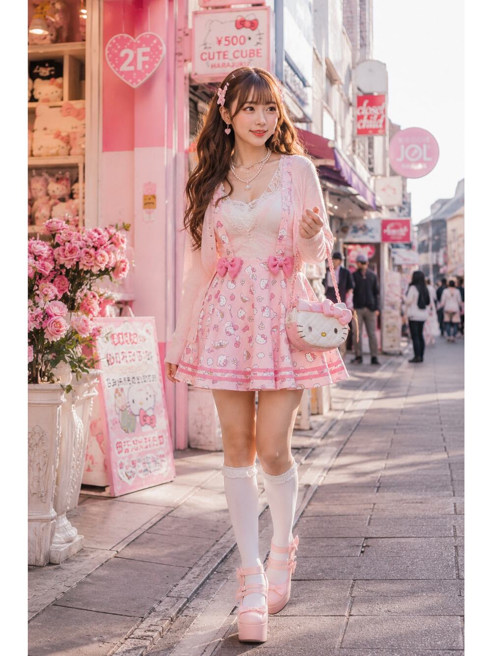 Hello Kitty Sanrio Pink Suspender Skirt Bow Kawaii Coquette Fairy Kei Size L